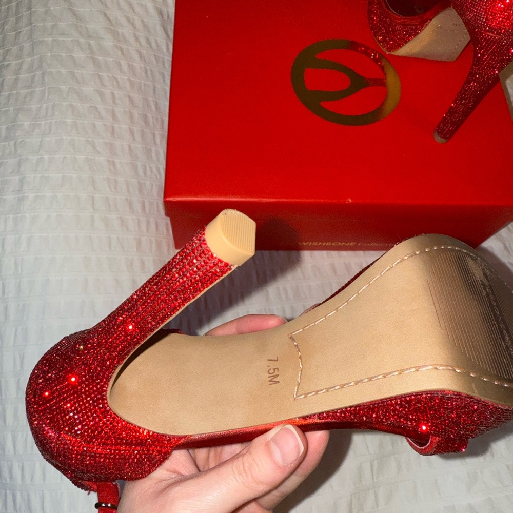 Red Rhinestone Stiletto Platform Heels with Ankle Strap | 7.5 - Picture 7 of 9